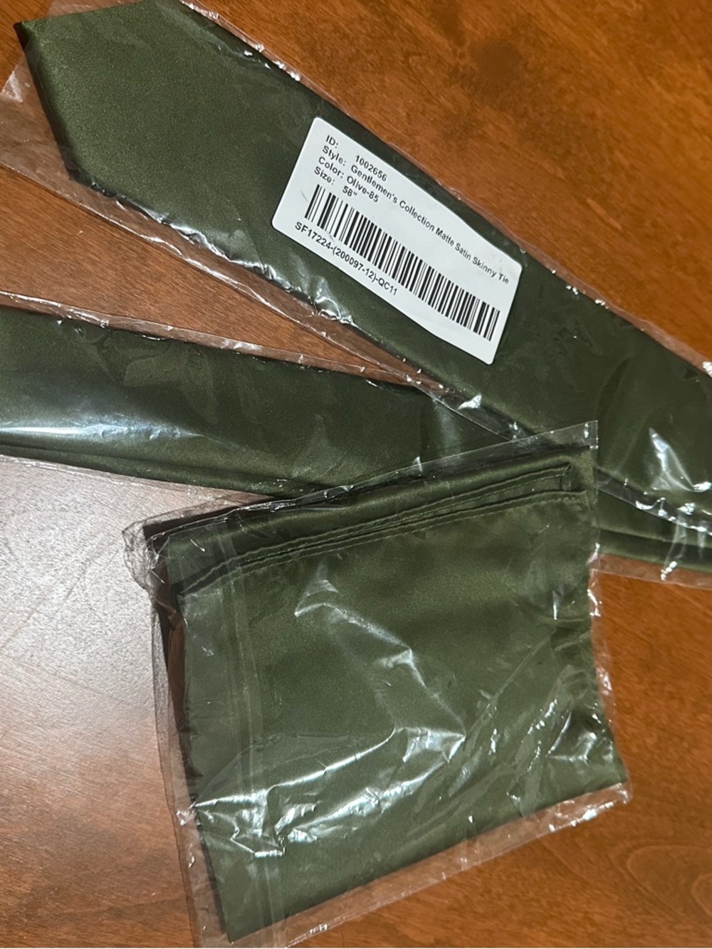 Azazie Olive Matte Satin Skinny Tie & Pocket Square - Deep Olive Green